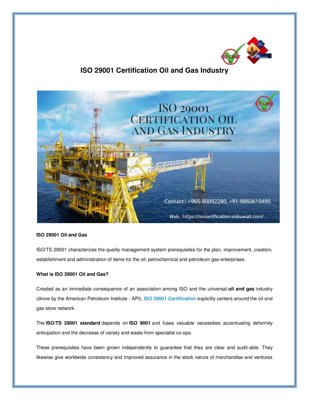 iso 29001 certification oil and gas industry