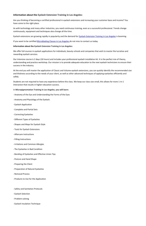 information about the eyelash extension training