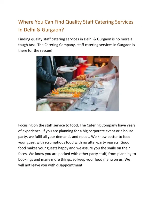 Where You Can Find Quality Staff Catering Services In Delhi & Gurgaon?