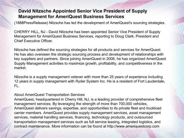 David Nitzsche Appointed Senior Vice President of Supply Man