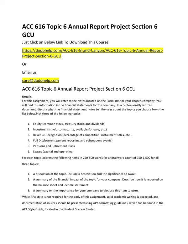 ACC 616 Topic 6 Annual Report Project Section 6 GCU