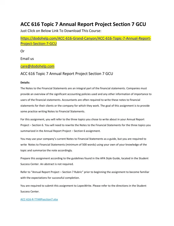 ACC 616 Topic 7 Annual Report Project Section 7 GCU