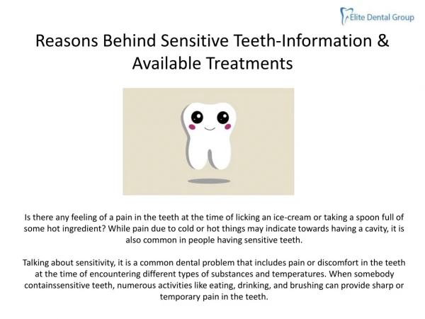 REASONS BEHIND SENSITIVE TEETH-INFORMATION & AVAILABLE TREATMENTS