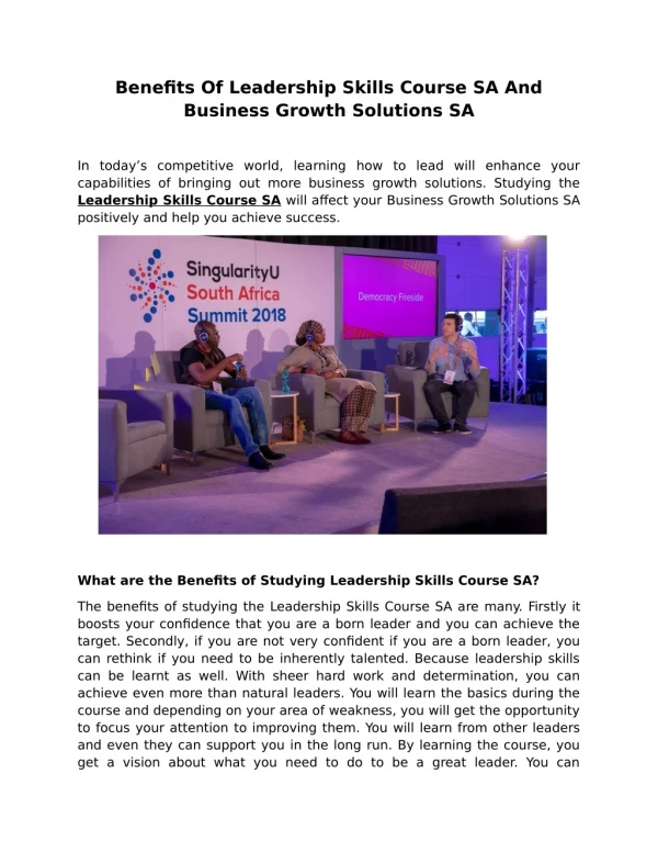 Benefits Of Leadership Skills Course SA And Business Growth Solutions SA
