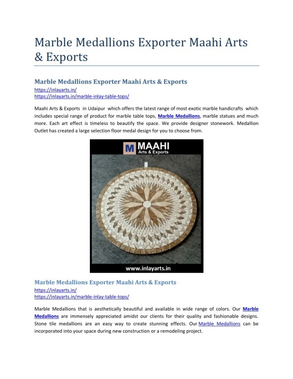 Marble Medallions Exporter Maahi Arts & Exports