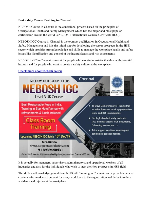 best safety course training in chennai