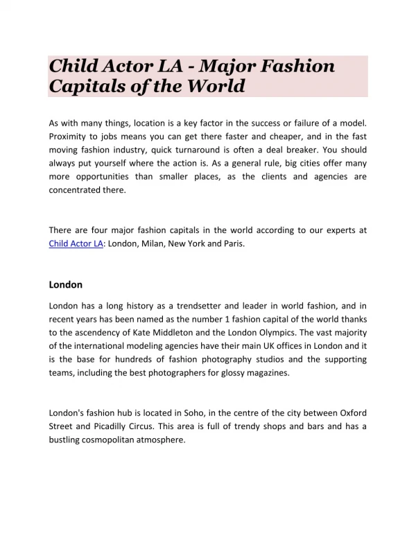 Child Actor LA - Major Fashion Capitals of the World