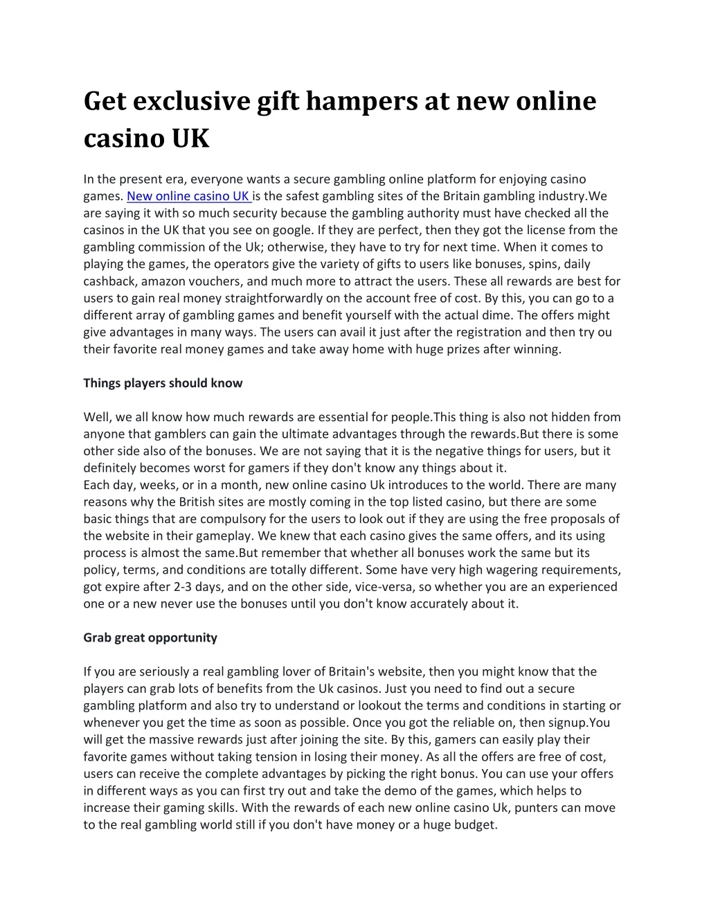 get exclusive gift hampers at new online casino uk