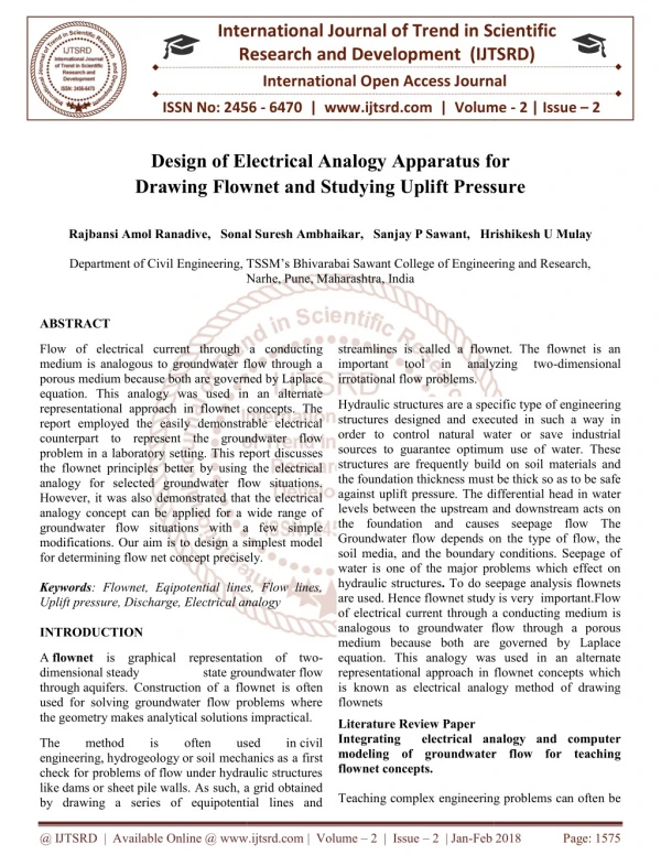 Design of Electrical Analogy Apparatus for Drawing Flownet and Studying Uplift Pressure