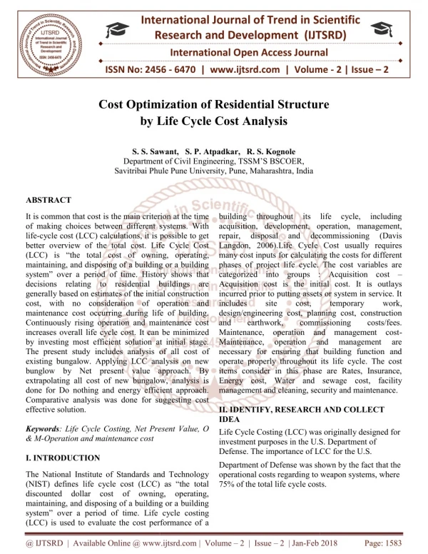 Cost Optimization of Residential Structure by Life Cycle Cost Analysis