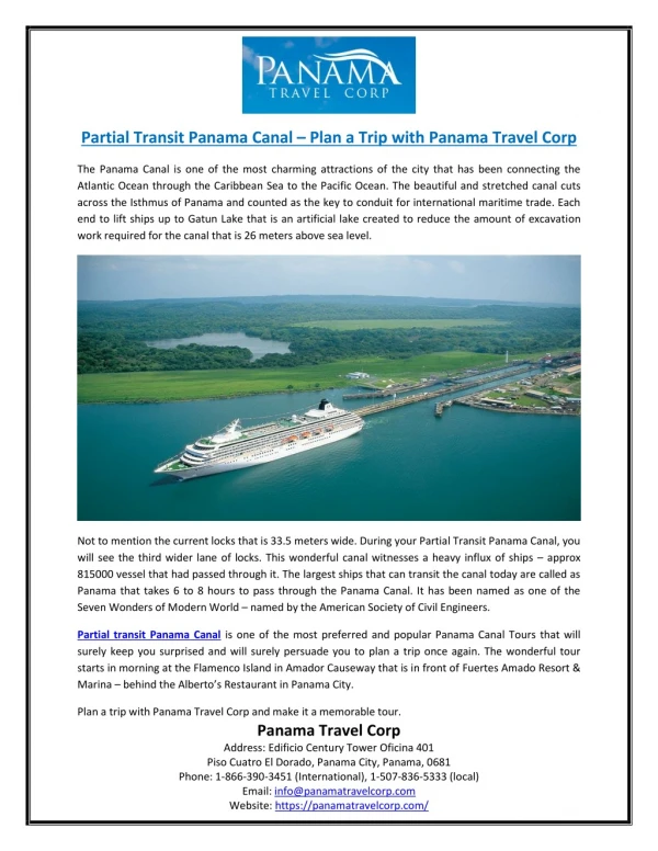 Partial Transit Panama Canal – Plan a Trip with Panama Travel Corp