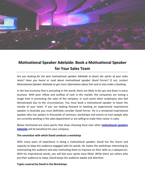 Motivational Speaker Adelaide: Book a Motivational Speaker for Your Sales Team