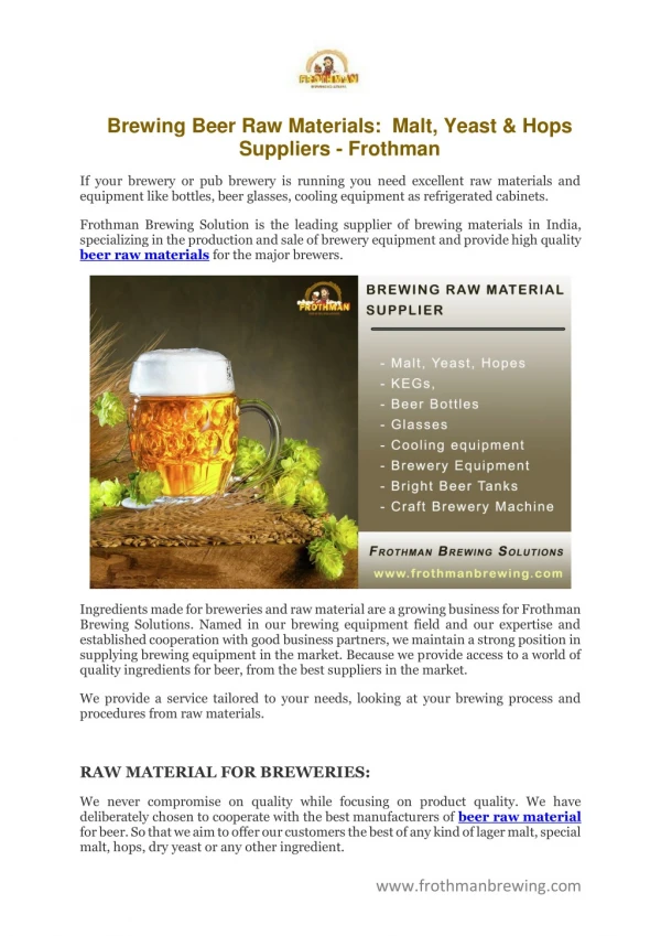 Brewing Beer Raw Materials: Malt, Yeast & Hops Suppliers - Frothman