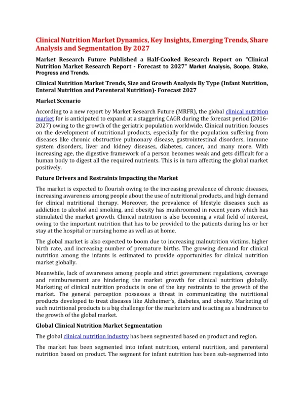 clinical nutrition market dynamics key insights
