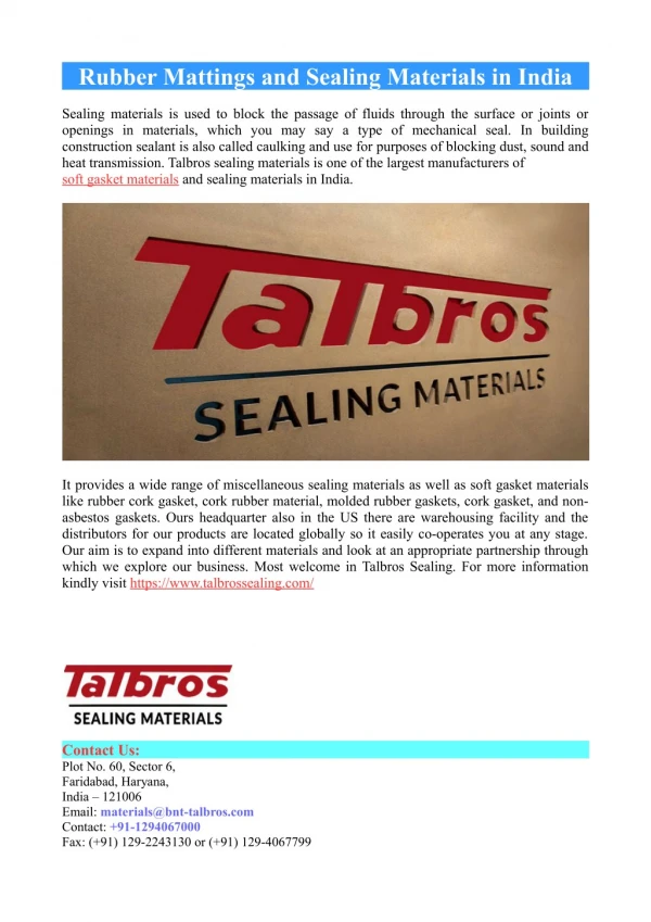 Rubber Mattings and Sealing Materials in India