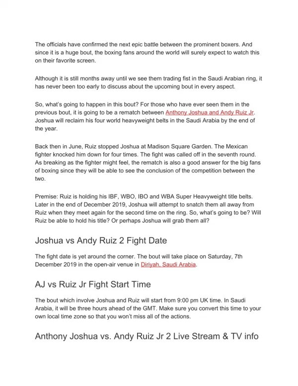 Andy Ruiz vs Anthony Joshua 2 Live Stream Free