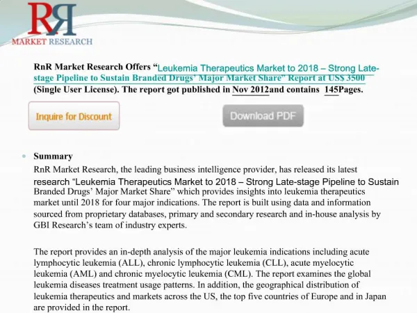 2018 Leukemia Therapeutics Market Share to Strong Late-stage