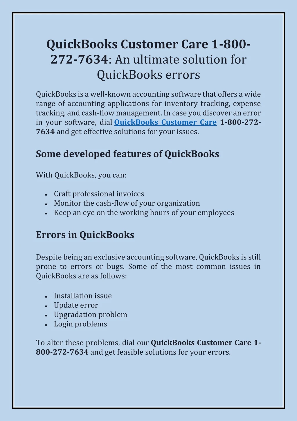quickbooks customer care 1 800 272 7634