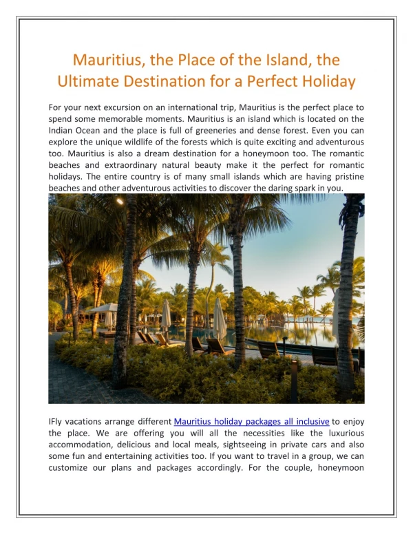 Mauritius Holiday Packages all Inclusive