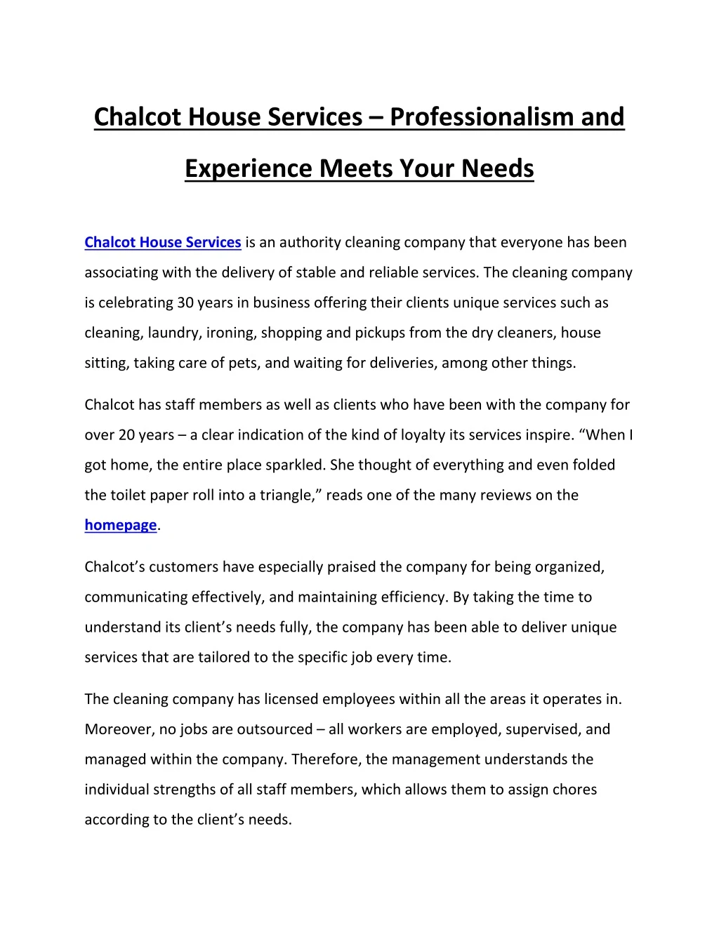 chalcot house services professionalism and