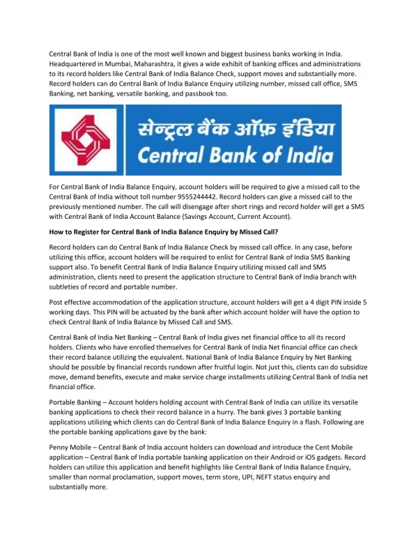Central Bank Of India Balance Enquiry