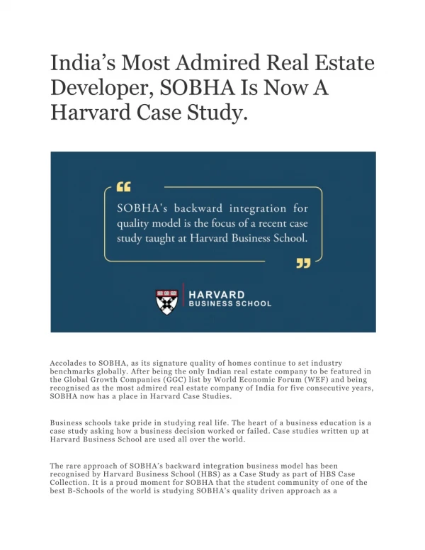 India’s Most Admired Real Estate Developer, SOBHA Is Now A Harvard Case Study
