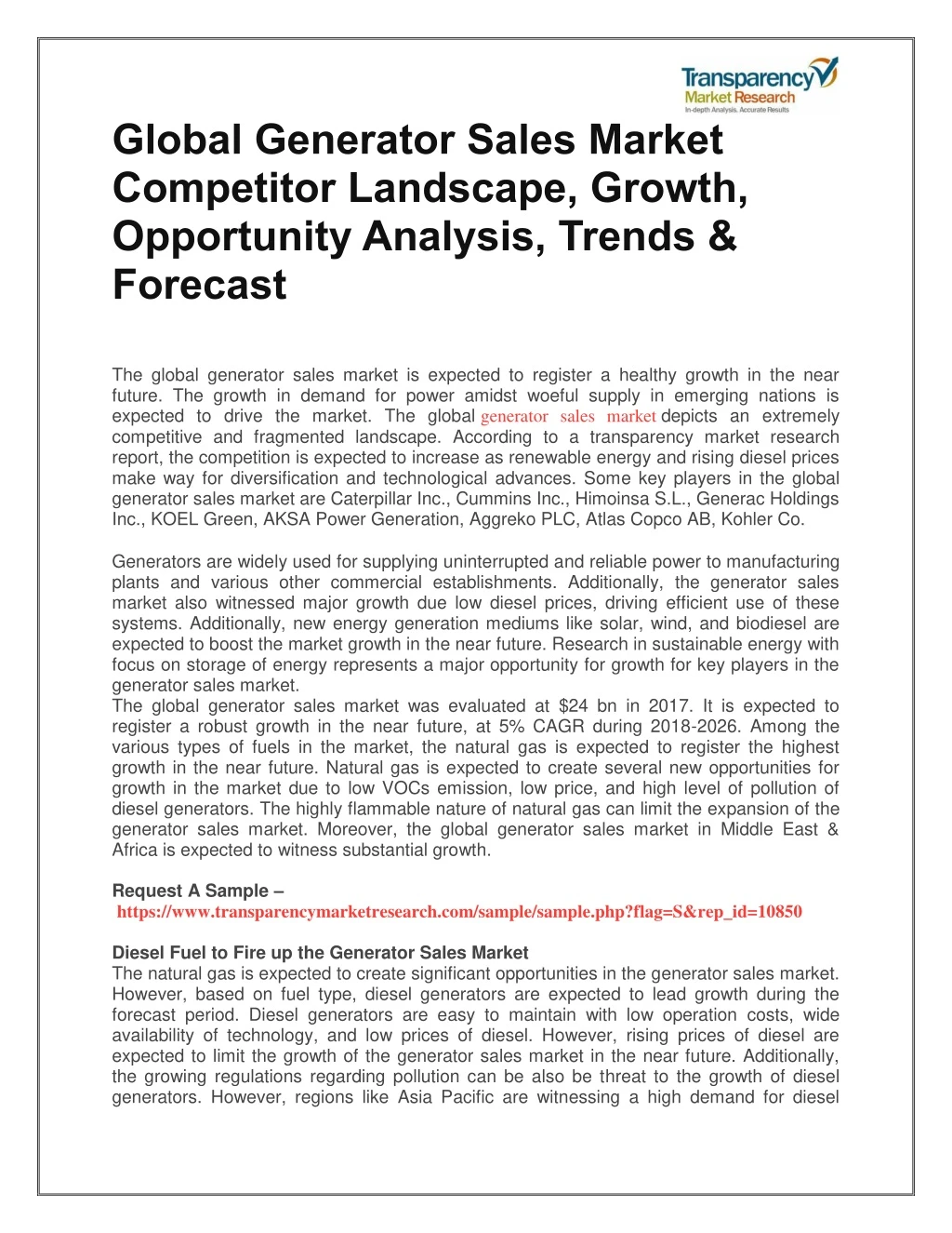 global generator sales market competitor