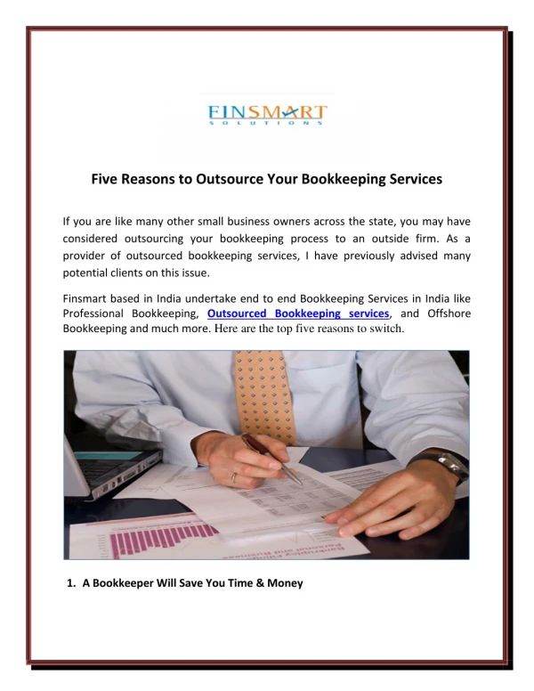 Five Reasons to Outsource Your Bookkeeping Services - FInsmart Solutions