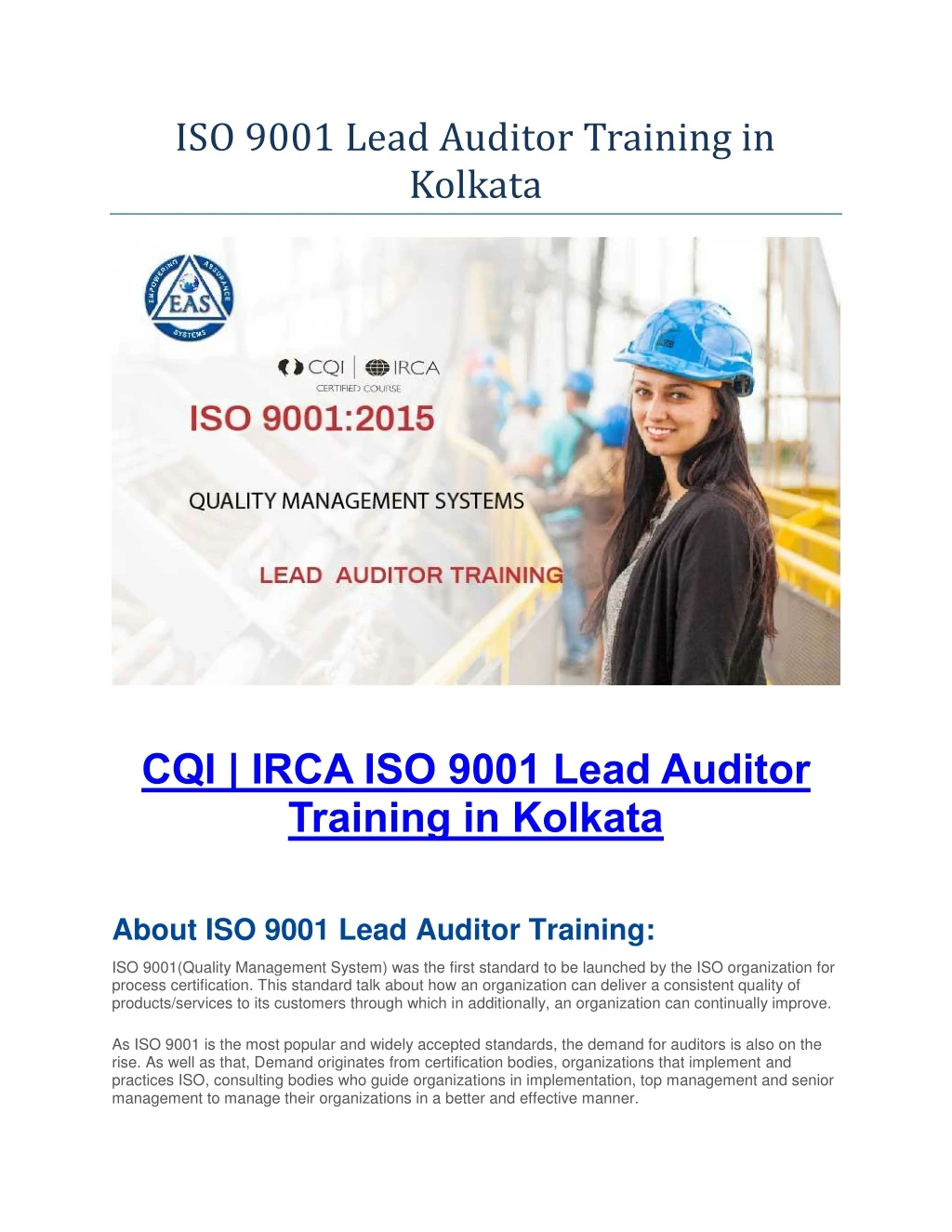 iso 9001 lead auditor training in kolkata