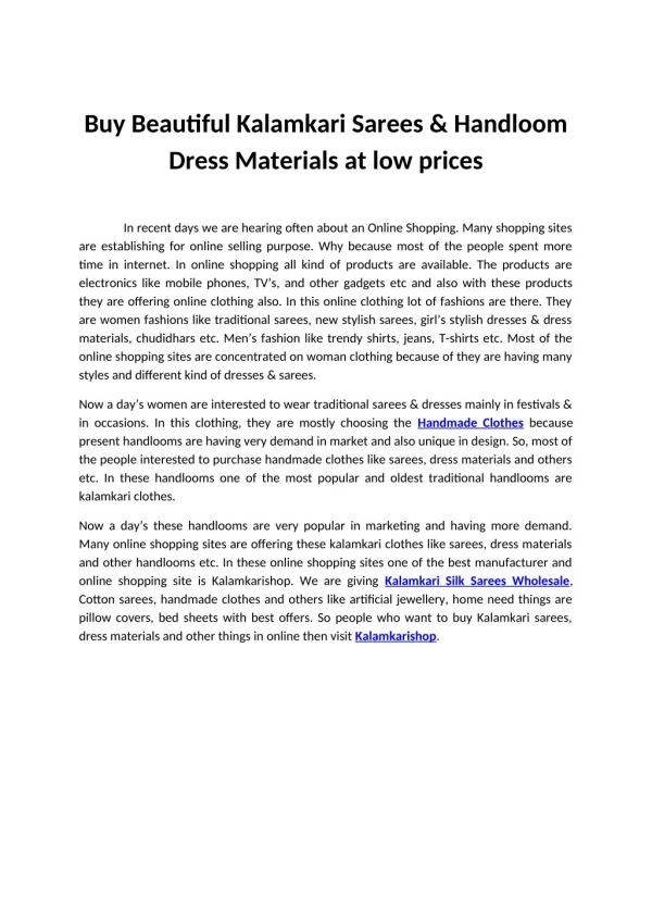 Buy Beautiful Kalamkari Sarees & Handloom Dress Materials at low prices