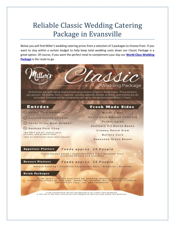 Reliabale Classic Wedding Cattering Package in Evansville