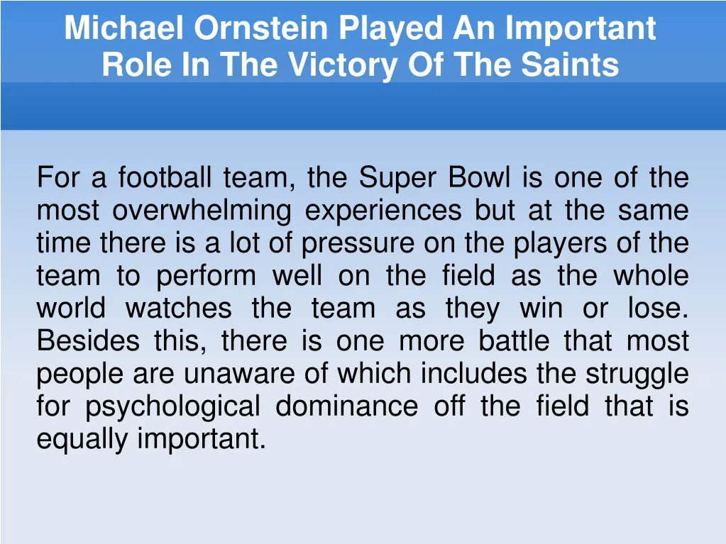 michael ornstein played an important role in the victory of the saints