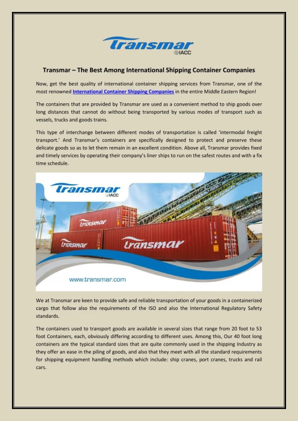Transmar – The Best Among International Shipping Container Companies
