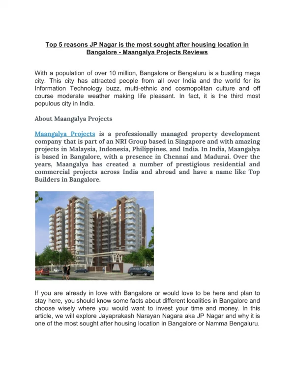 Maangalya Projects Reviews - Top 5 reasons JP Nagar location in Bangalore