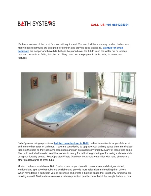 Bathtub for small bathroom, Steam bath machine seller - Bathsystems