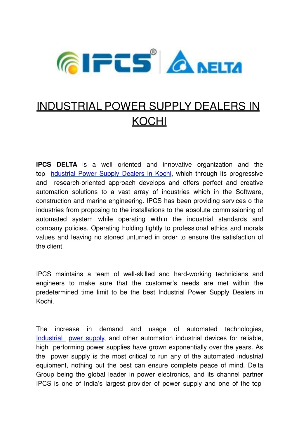 i ndustrial power supply dealers in kochi
