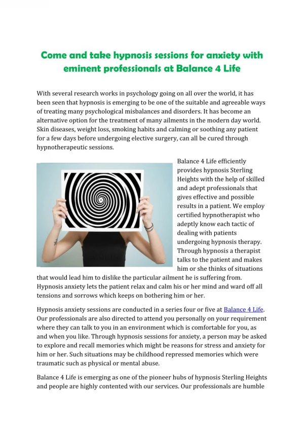 Come and take hypnosis sessions for anxiety with eminent professionals at Balance 4 Life