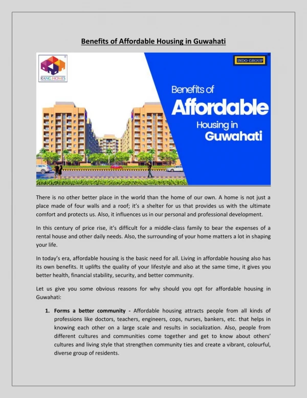 Benefits of Affordable Housing in Guwahati
