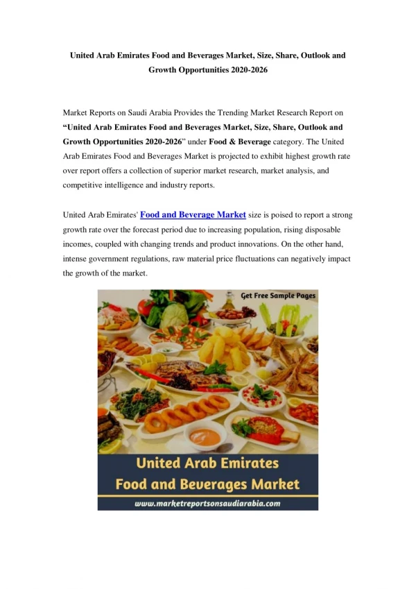 United Arab Emirates Food and Beverages Market Opportunity and Forecast Till 2026