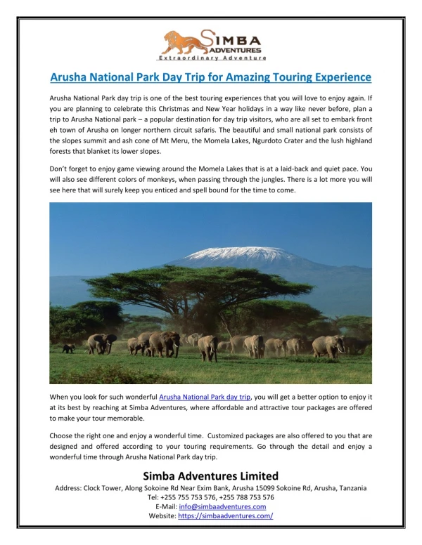 Arusha National Park Day Trip for Amazing Touring Experience