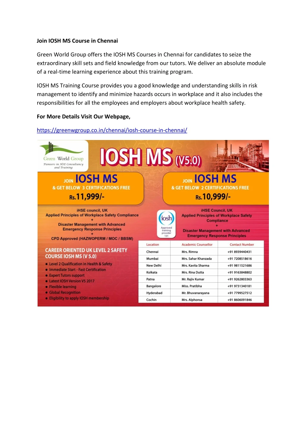 join iosh ms course in chennai