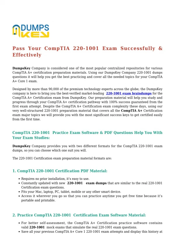 Shortcut To Success: CompTIA A  220-1001 [2019] Exam Dumps