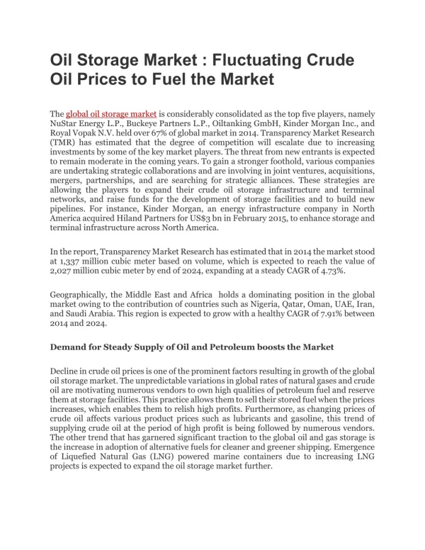 Oil Storage Market : Fluctuating Crude Oil Prices to Fuel the Market