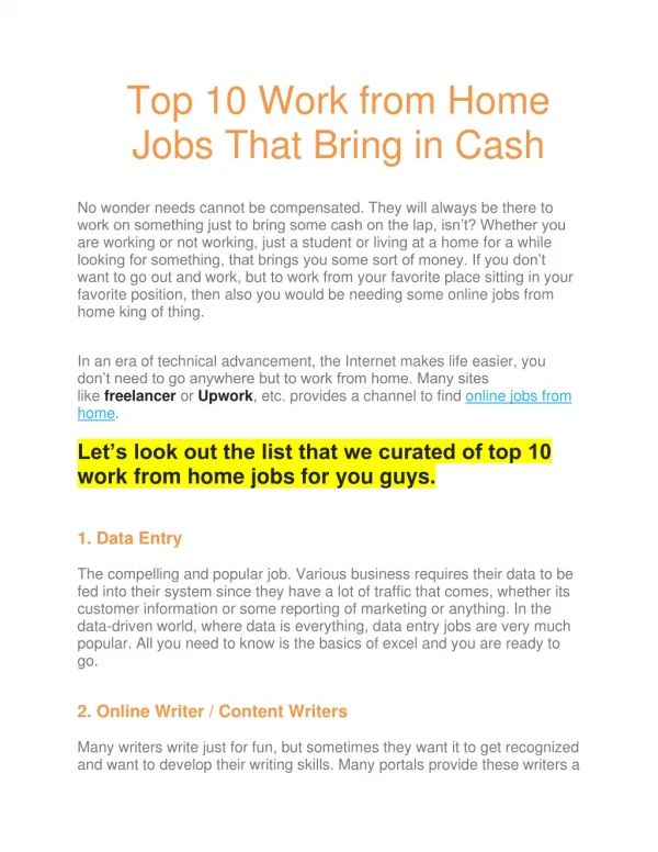 Top 10 Work from Home Jobs That Bring in Cash