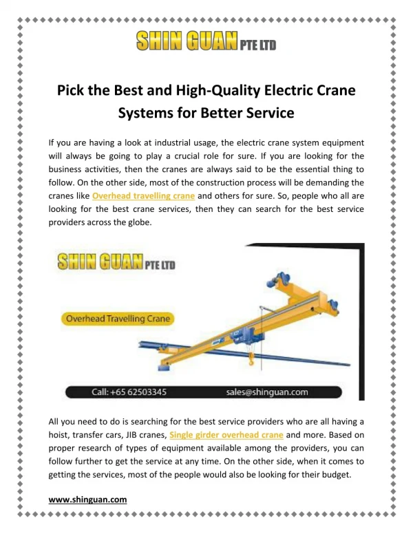 Pick the Best and High-Quality Electric Crane Systems for Better Service