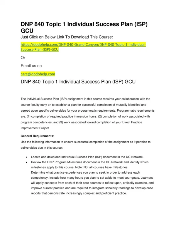 DNP 840 Topic 1 Individual Success Plan (ISP) GCU