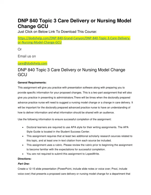 DNP 840 Topic 3 Care Delivery or Nursing Model Change GCU