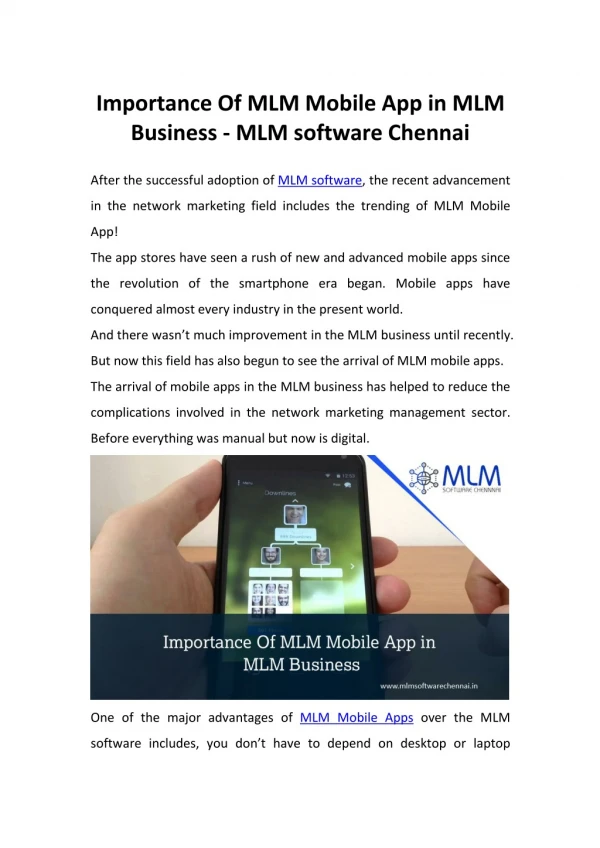 Importance Of MLM Mobile App in MLM Business - MLM software Chennai