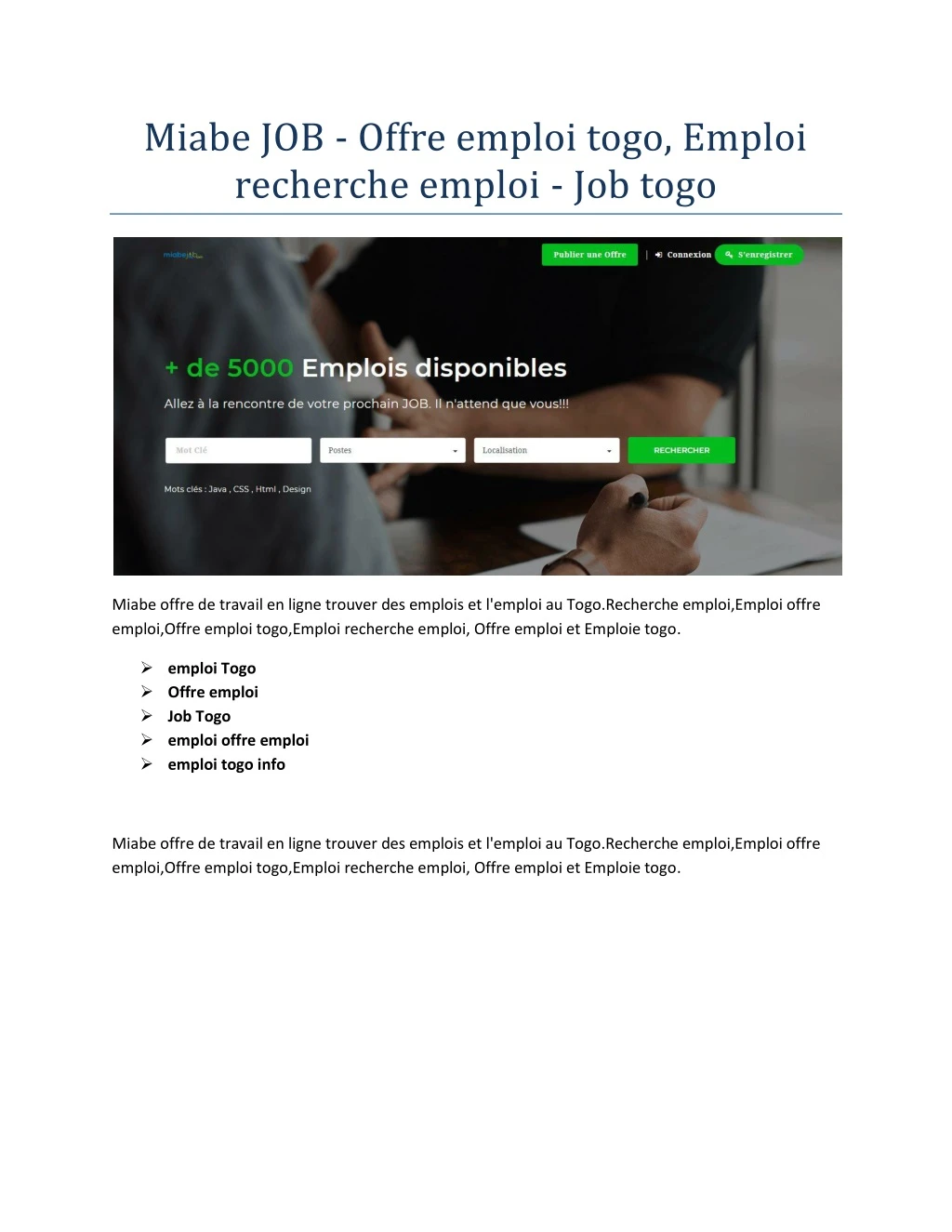 miabe job offre emploi togo emploi recherche