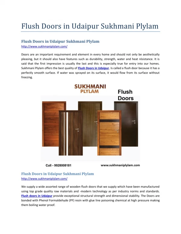 Flush Doors in Udaipur Sukhmani Plylam